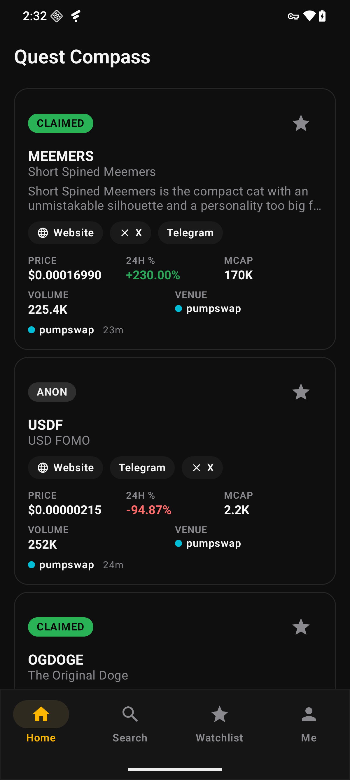 Quest Compass Home — creator feed with identity chips CLAIMED and ANON, market rows, and 4-tab shell