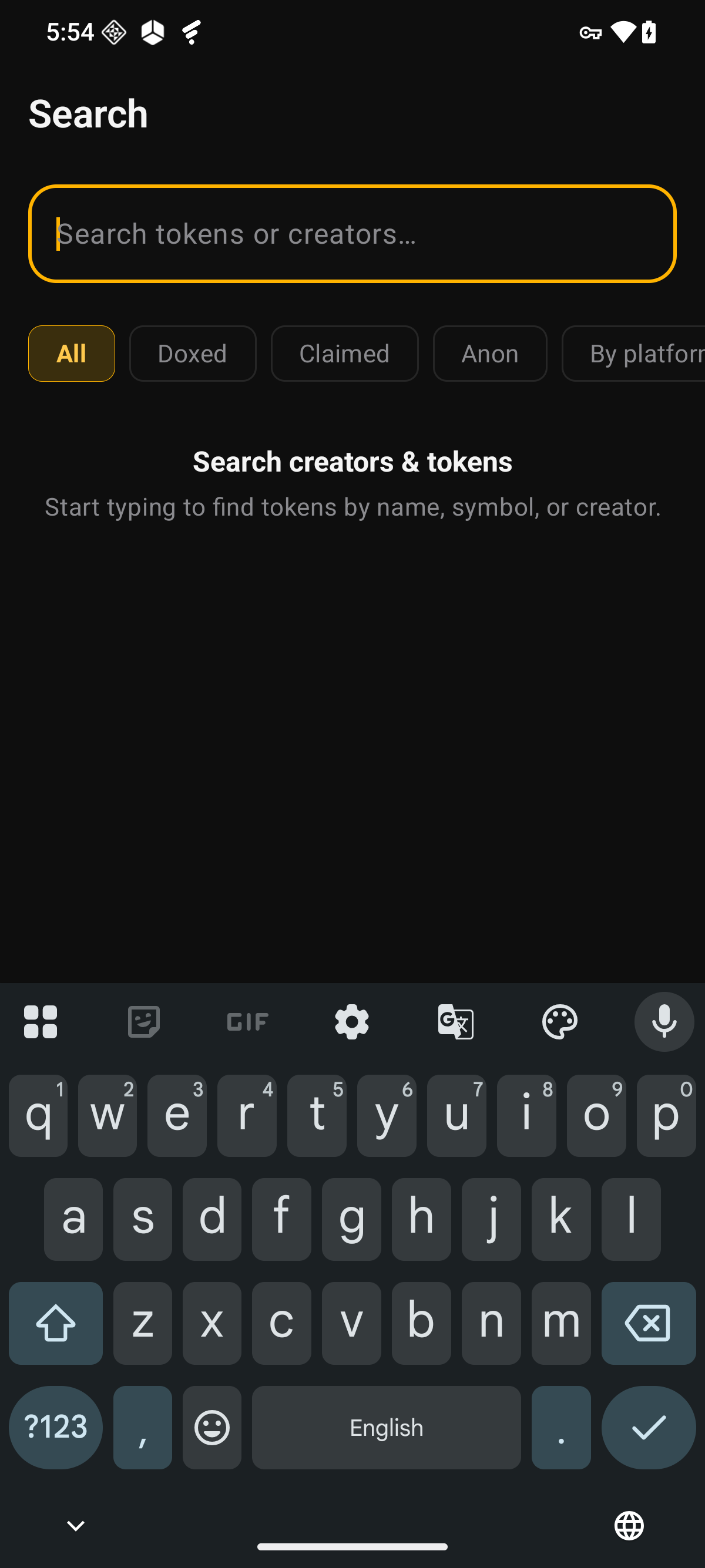 Quest Compass Search — search field with filter chips All / Doxed / Claimed / Anon / By platform