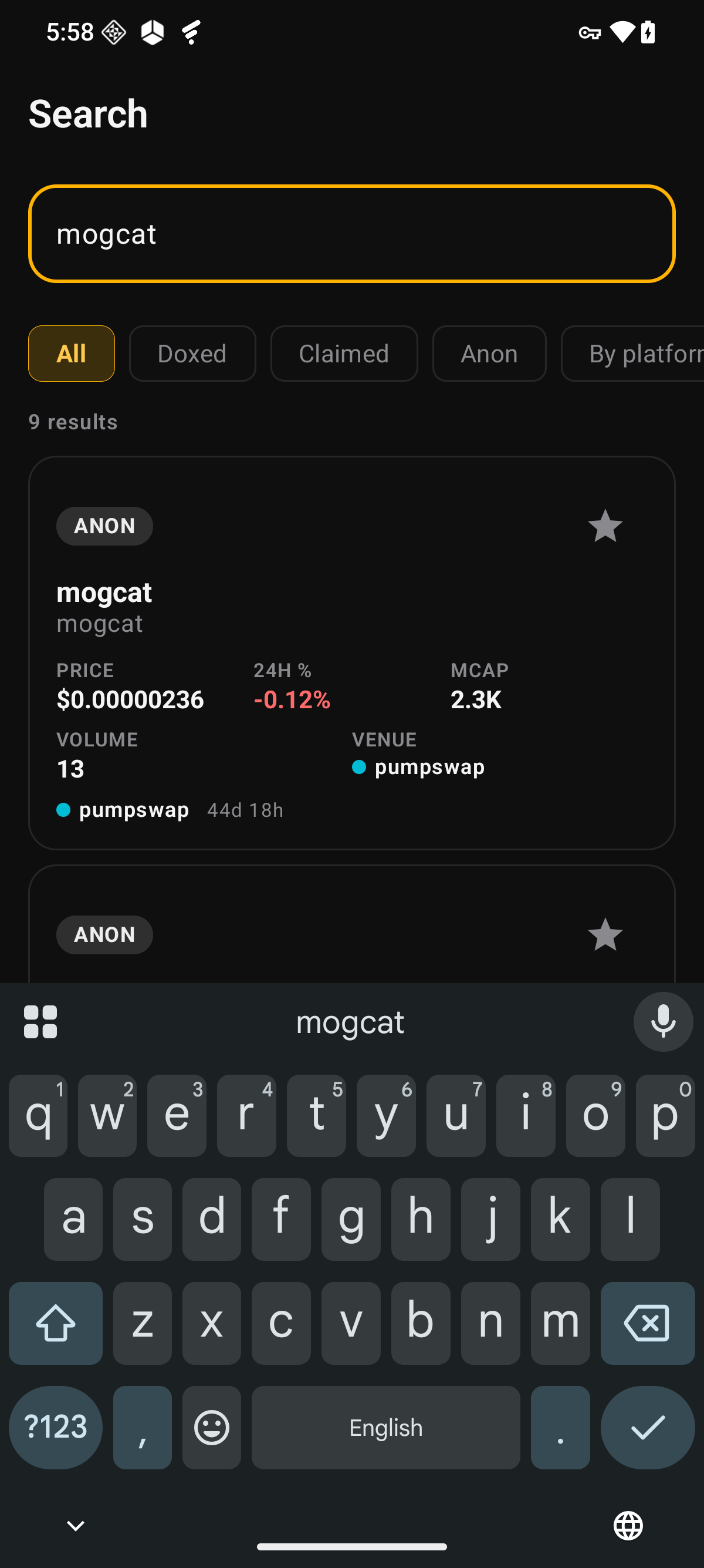 Quest Compass search results for mogcat with ANON identity chips and market data