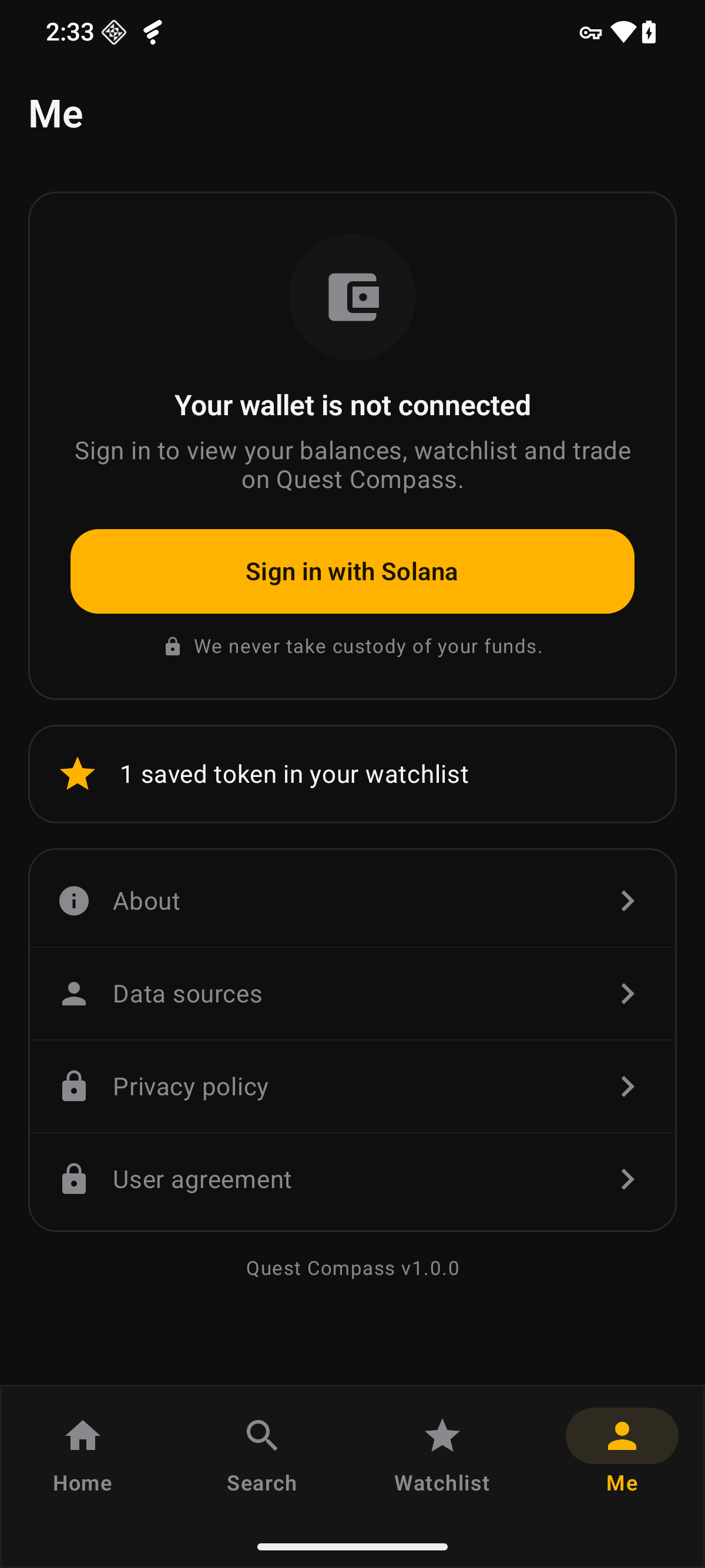 Quest Compass Me — wallet profile with Sign in with Solana and no-custody caption