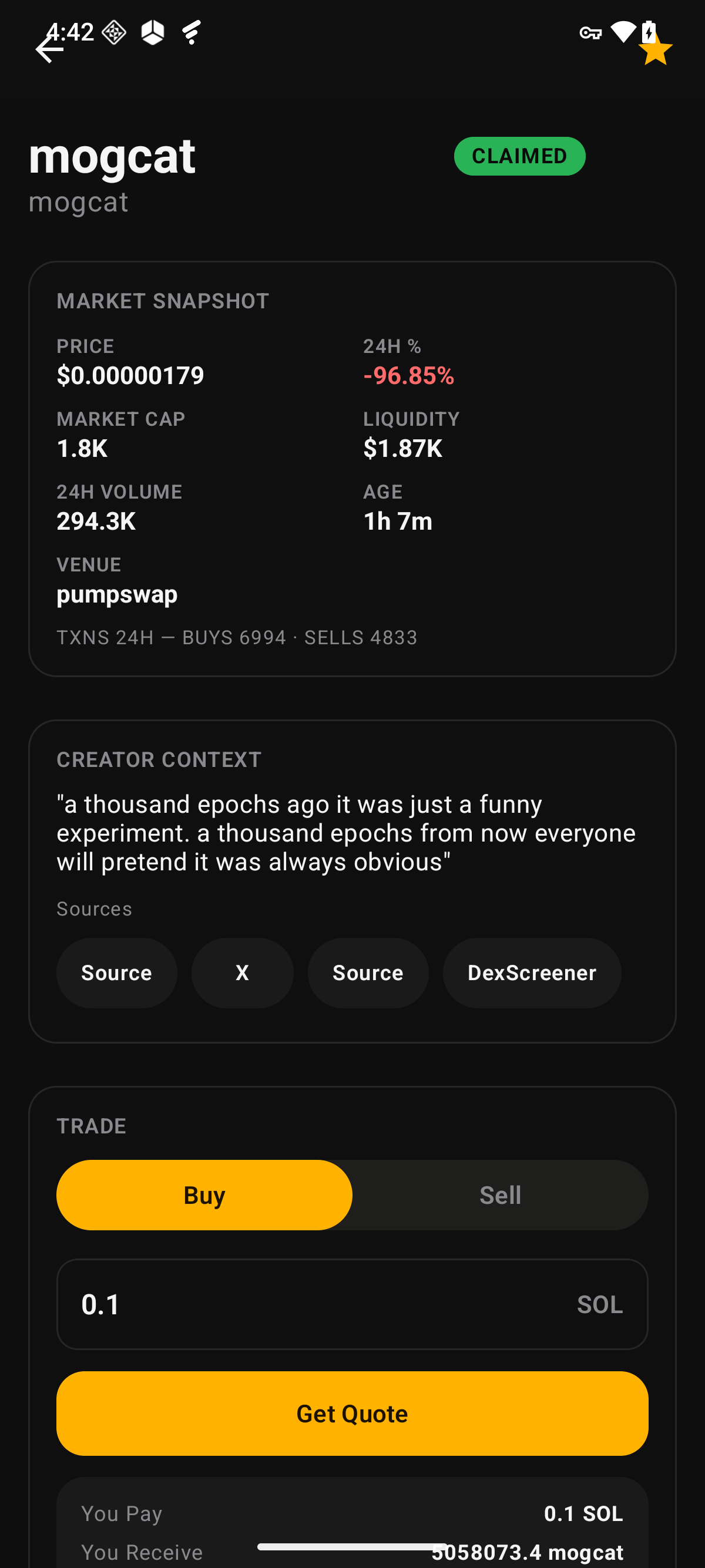 Quest Compass token detail — market snapshot, creator context with sanitized quote, source links