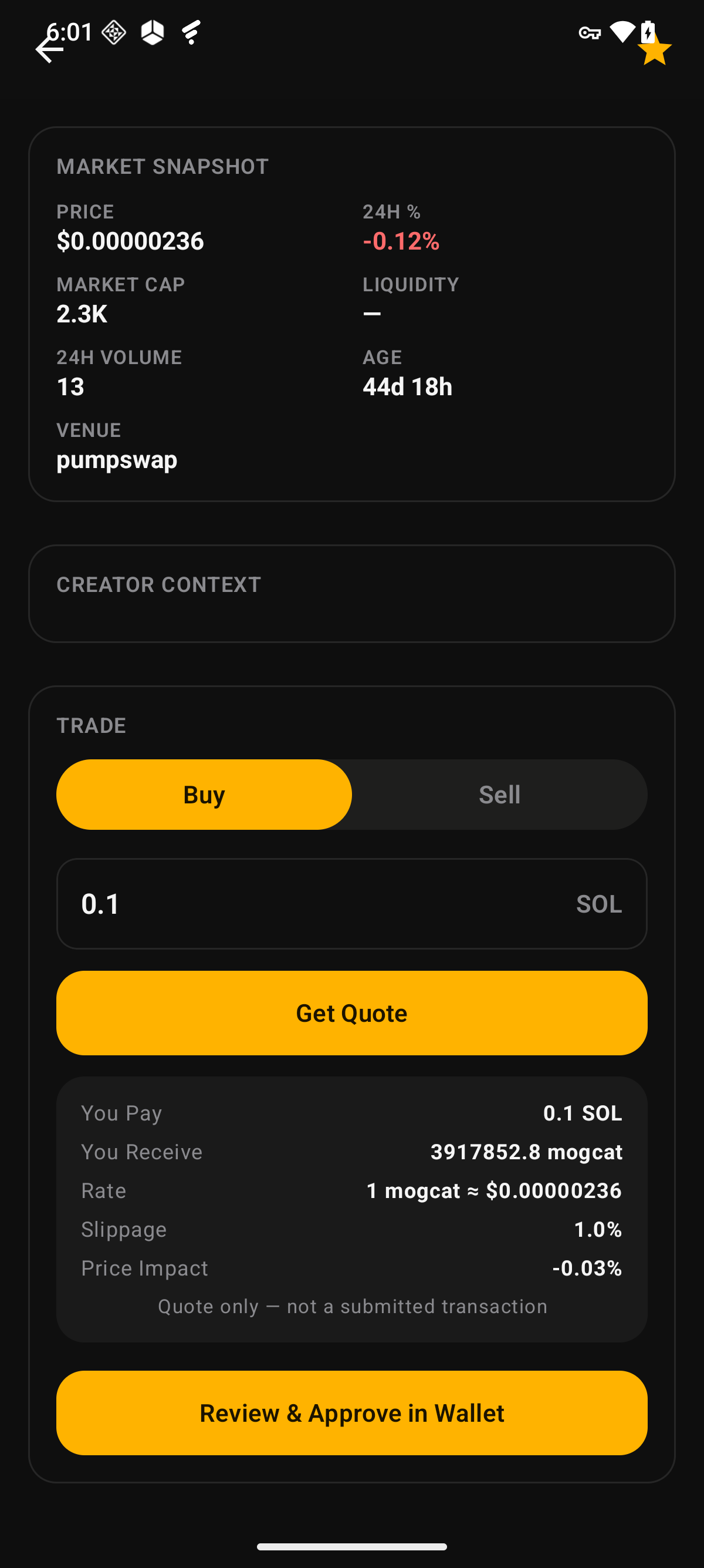 Quest Compass trade block — real Jupiter quote panel: You Pay 0.1 SOL, You Receive, Rate, Slippage, Quote only — not a submitted transaction
