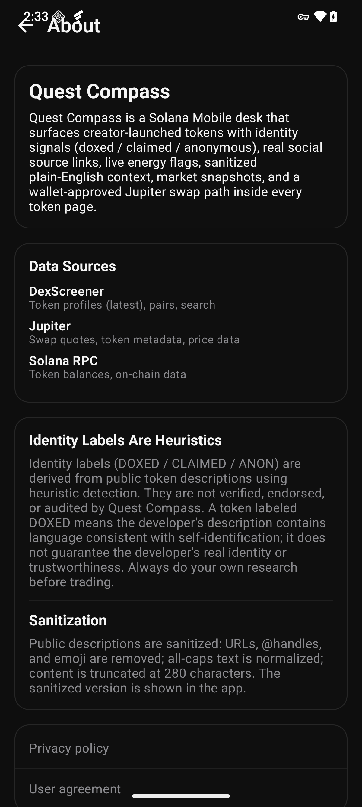 Quest Compass About — data sources DexScreener, Jupiter, Solana RPC; identity labels are heuristics disclaimer