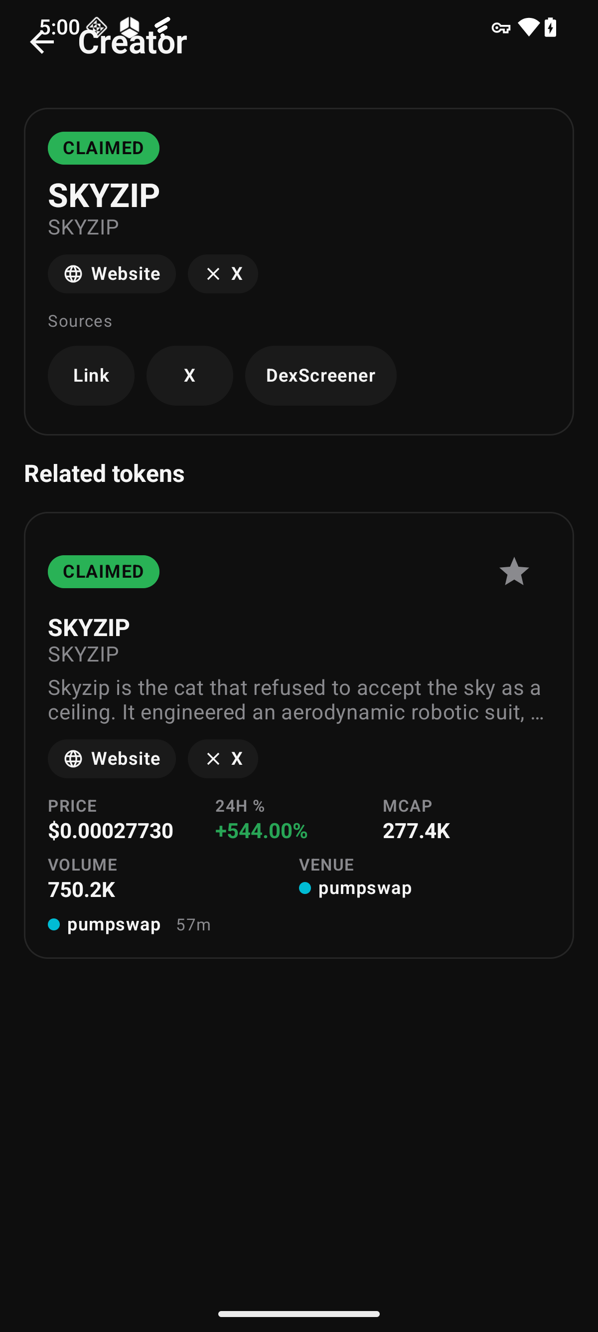 Quest Compass creator screen — CLAIMED creator header, source links, related tokens